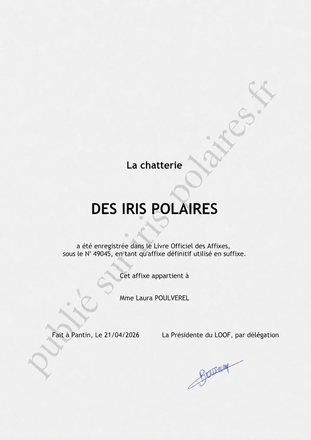 Certificat d’enregistrement LOOF de l’affixe des Iris Polaires, n° 49045