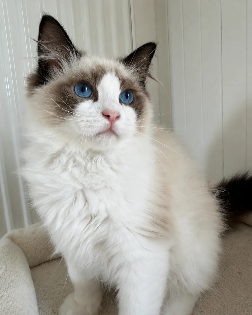 Royaume d’&Eacute;l&eacute;gance Bijou, jeune m&acirc;le Ragdoll seal bicolore assis, masque en V invers&eacute; et yeux bleus